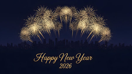 Fireworks explode over a city skyline for Happy New Year 2026 Clear details and vibrant colors en...