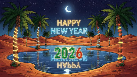 Desert oasis at night with palm trees, water, sand dunes, and text. Clear det...