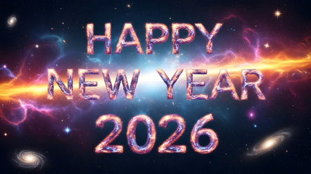 Happy New Year 2026 text set against a vibrant cosmic galaxy background with nebulae and stars.