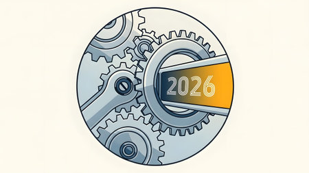 Circular illustration of interlocking gears and a wrench with the number 2026 on white. Clear det...の写真素材