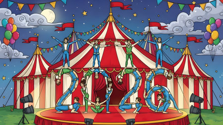 Circus acrobats form the numbers 2020 on a stage under striped big top tents. Clear details and v...の写真素材