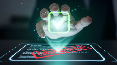 Hand reaching for glowing checkmark icon above digital document with certified stamp Clear detail...