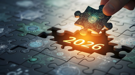 Hand inserts a puzzle piece with technological graphics into a larger puzzle. Clear details and v...