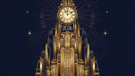 A golden art deco skyscraper features a clock face displaying the year 2026. Clear details and vi...