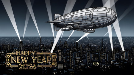 Art deco cityscape at night with a blimp and spotlights celebrating Happy New Year 2026 Clear det...の写真素材