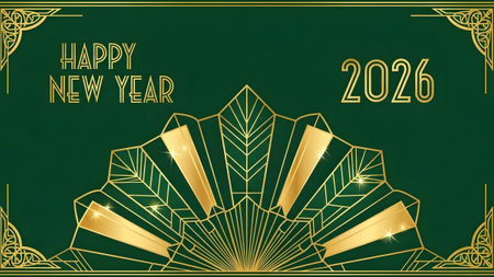 Art Deco fan pattern with gold lines and sparkles on a green background for 2026. Clear details a...