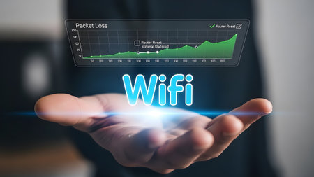 Hand displays holographic WiFi symbol and packet loss graph with router reset. Clear details and ...