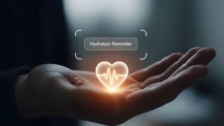 A hand holds a glowing heart with a holographic hydration reminder notification above it.