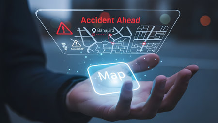 Hand holding a futuristic holographic map displaying an accident ahead warning and route.