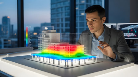 Man examines a building model with a holographic thermal simulation overlay. Clear details and vi...