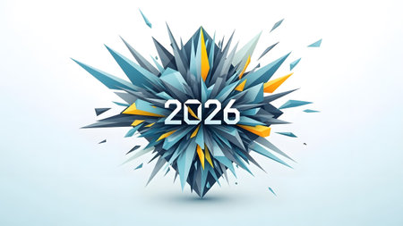 An abstract geometric explosion of sharp shards in blue, yellow, and white with the year 2026.