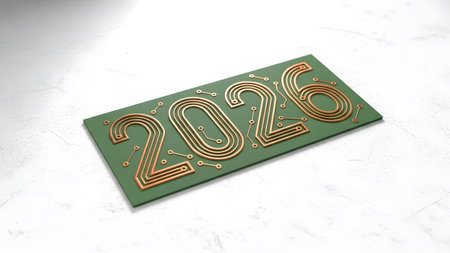 2026 numbers on a green circuit board plate on a textured surface. Clear details and vibrant colo...