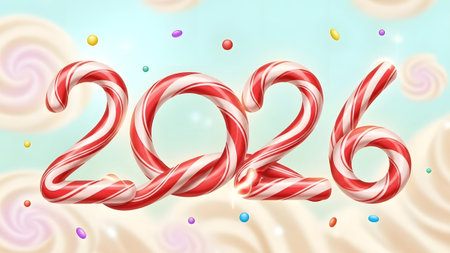 The year 2026 formed by red and white striped candy canes with colorful candies scattered around.