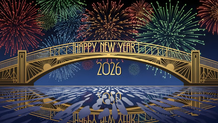 Golden Art Deco bridge with fireworks and 2026 Happy New Year reflection on water. Clear details ...