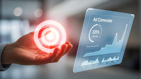 A hand holds a glowing red target icon beside a holographic dashboard showing ad conversion data.
