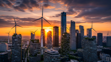 Sustainable urban future with wind energy integrated into a modern city skyline at sunsetの写真素材