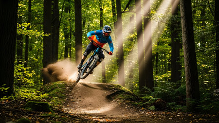 Mountain biker speeds down a forest trail, kicking up dust with sunbeams filtering through the trees