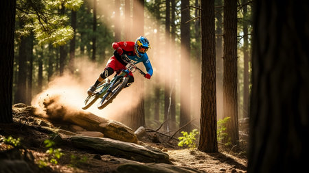 Adrenaline-pumping mountain biker mid-air on a dusty forest trail bathed in golden sunbeams