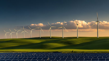 Sustainable landscape showcasing wind turbines and solar panels under a beautiful sky