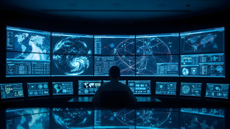 Cybersecurity professional monitoring global network activity in a high-tech control center