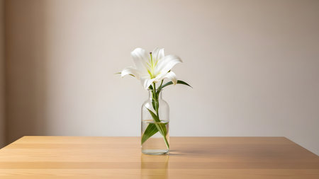A single pristine white lily elegantly displayed in a clear glass vase on a simple wooden tableの写真素材