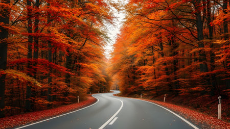 A winding autumn road through a vibrant forest ablaze with fiery orange and red foliageの写真素材