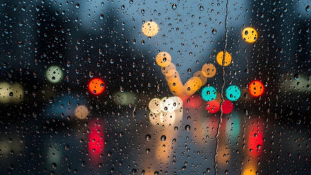 A tranquil view of city lights through a rain-streaked window on a dark eveningの写真素材