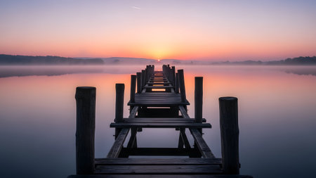 A tranquil sunrise over a misty lake with an old wooden pier stretching towards the horizonの写真素材