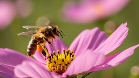 A busy honey bee diligently collects golden pollen from a vibrant pink cosmos flower