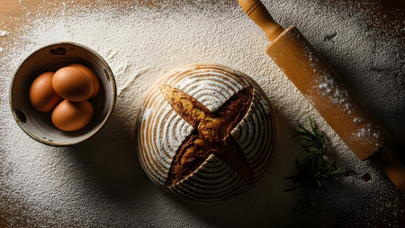Artisanal bread making ingredients with fresh eggs, flour, and a rustic loaf