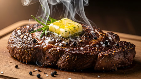 Perfectly grilled ribeye steak with melting herbed butter and a sprig of rosemary on a rustic wooden boardの写真素材