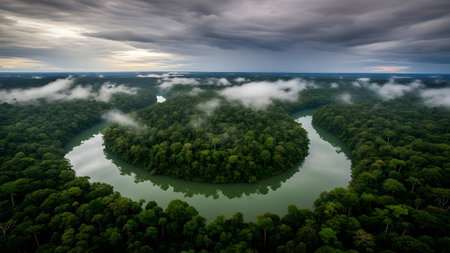 A majestic winding river flows through the heart of a lush green rainforest under a dramatic skyの写真素材