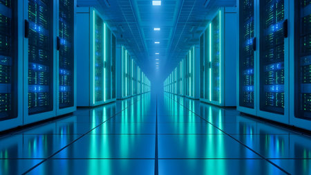 Futuristic data center aisle with glowing blue and green server racks showcasing advanced technology