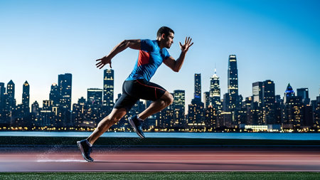 Determined male athlete sprinting by the waterfront against an illuminated city skyline