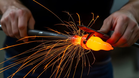 Artisan crafting glowing molten glass with fiery sparks during the blowing processの写真素材