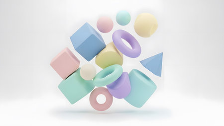 A playful assortment of pastel 3d geometric shapes suspended against a minimalist white backgroundの写真素材