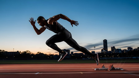 Dynamic male athlete explodes from starting blocks on a track against a city skyline at duskの写真素材