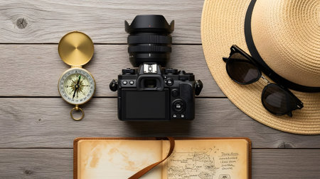 Essential gear for a captivating adventure: camera, compass, hat, and journal for recording memoriesの写真素材