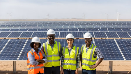 Diverse team of engineers smiling at a vast solar power plant with wind turbines