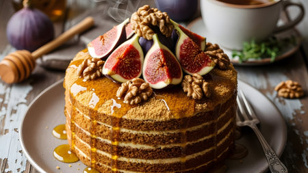 Delicious layered cake topped with fresh figs, crunchy walnuts, and golden honeyの写真素材