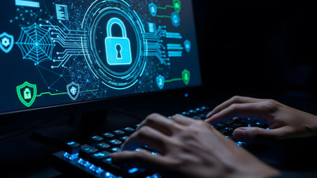 Enhancing digital security: a person actively typing on a keyboard with cybersecurity icons...