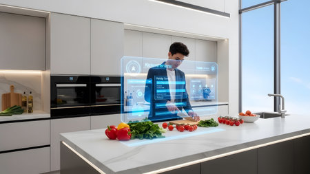 Man utilizing smart kitchen technology with a holographic interface while preparing a meal