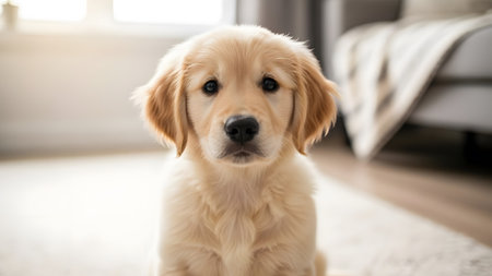 An adorable golden retriever puppy sitting patiently on a soft rug indoors, looking directlyの写真素材