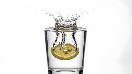 Refreshing splash of a lemon slice dropping into a clear glass of pure waterの写真素材