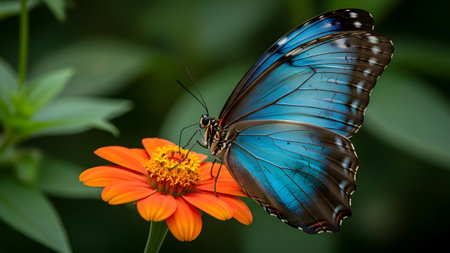 A captivating blue morpho butterfly gracefully resting on a vibrant orange blossomの写真素材