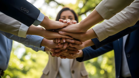 Professional team showing unity and spirit through a powerful hand stack for success