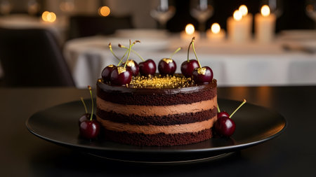 Decadent chocolate cherry cake with gold leaf and sprinkles served in an elegant restaurant setting