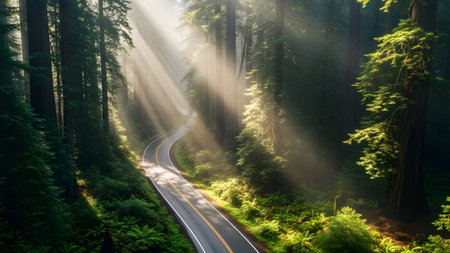 A winding road through a magical forest bathed in ethereal sunbeams and mistの写真素材