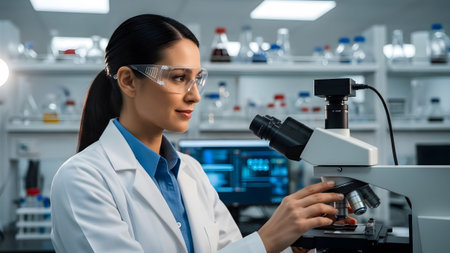 Dedicated female scientist observing samples through a microscope in a modern laboratory setting
