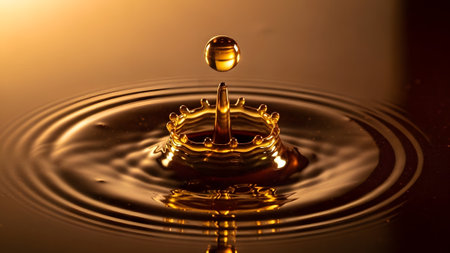 A golden liquid droplet creates a stunning crown splash and concentric ripples on a reflective surfaceの写真素材